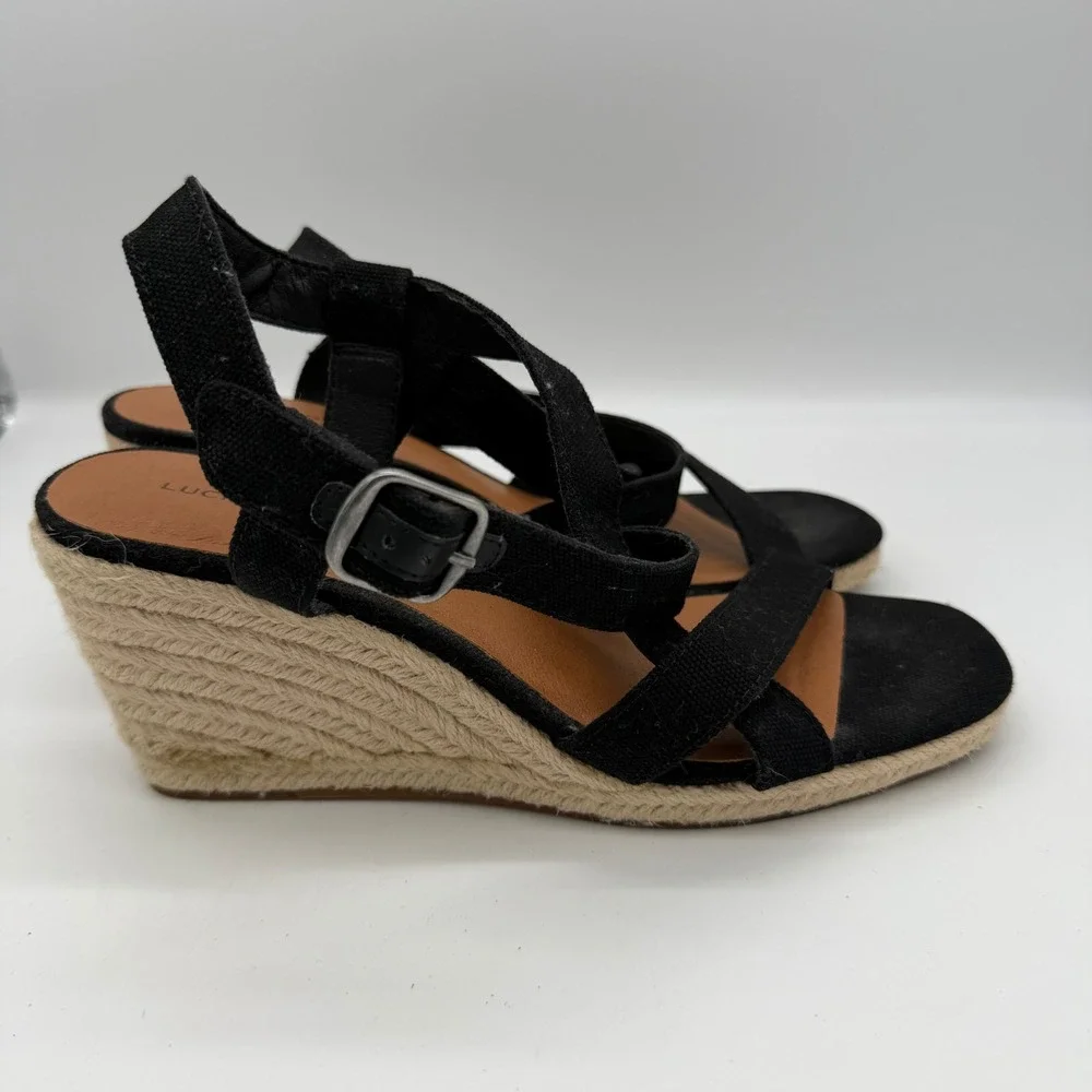Lucky Brand Mytila Black Canvas Espadrille Wedge Sandals Size 8.5 LK-MYTILA
